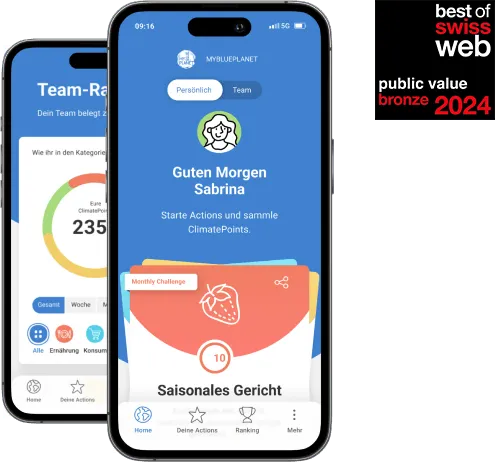 Screens der ClimateActions App und das Label von Best of Swiss Web Bronze