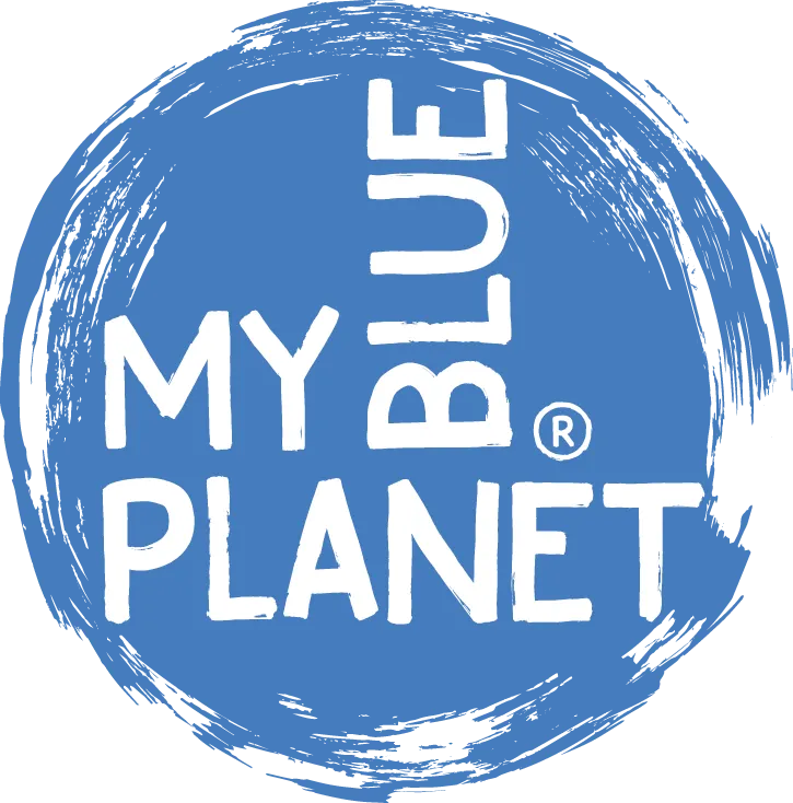 Logo MYBLUEPLANET Kreis blau weisse Schrift ohne Hintergrund